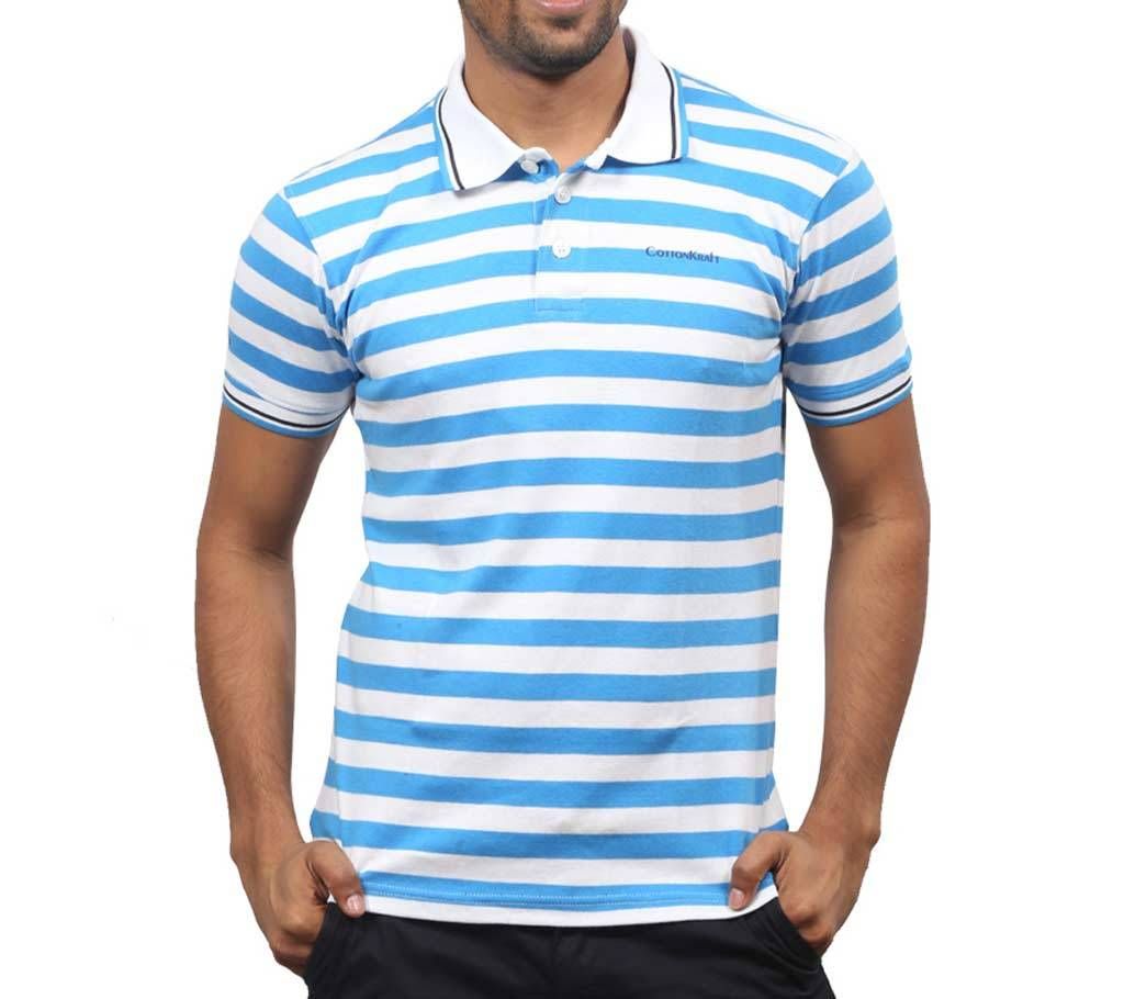 Blue and White Stripe Cotton Polo for Men