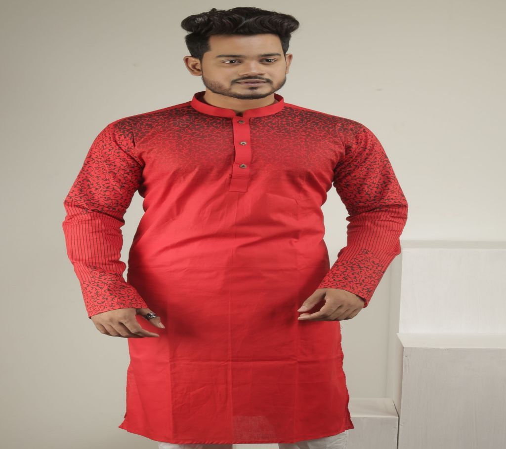Cotton Panjabi - Red with Small Leaf Design