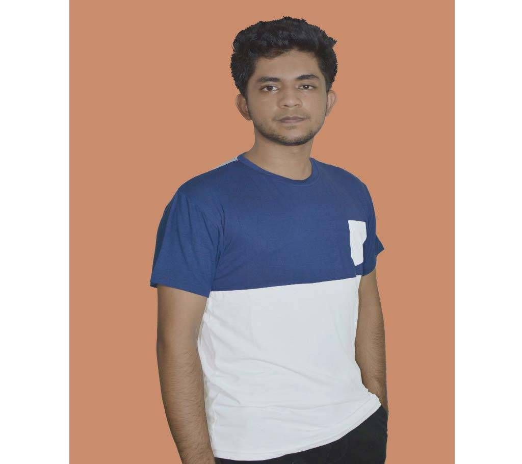 White and Navy Blue Contrast Half Sleeve Cotton T-Shirt For Men