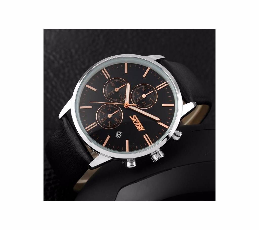 SKEMI 9103 - Black Leather Chronograph Watch for Men