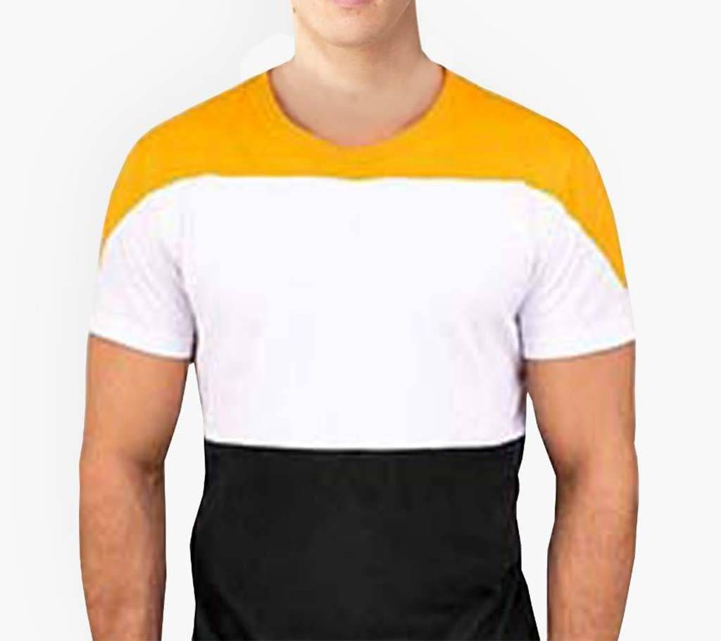 White Black and Yellow Contrast Half Sleeve Cotton T-Shirt For Men