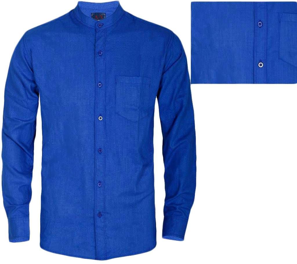 stylish band collar cotton shirt bule