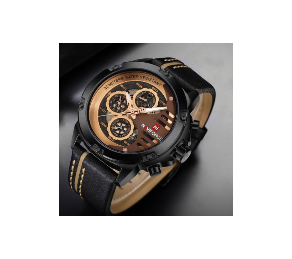Product details of Naviforce Black Leather Wrist Watch for Men - NF9110M