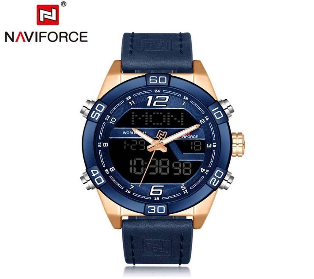 NAVIFORCE 9128 Genuine Blue Leather Digital Dual Display Watch For Men - Blue