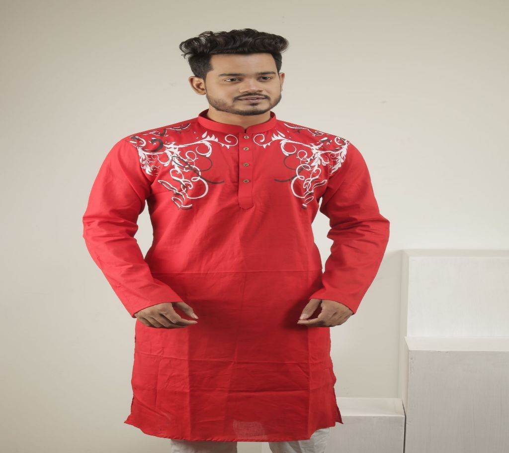 Cotton Panjabi - Red With Black and White Design