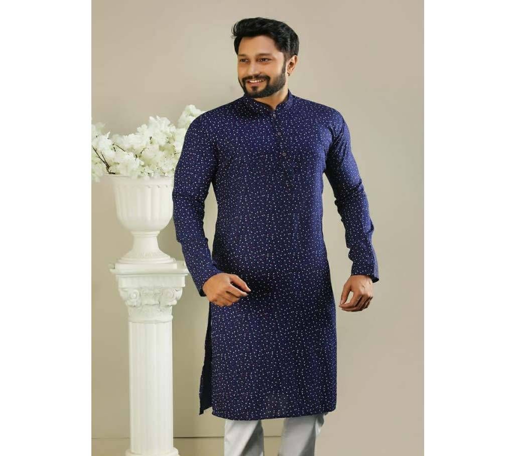 Mens Semi Long Panjabi  33  Navy Blue with Dot Design
