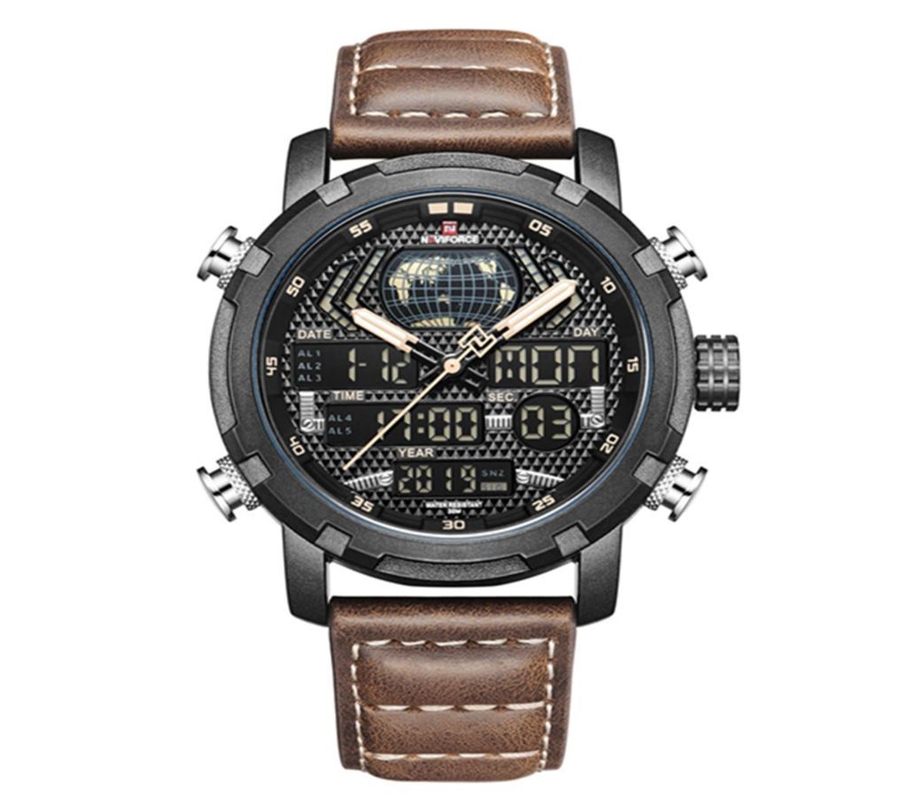NAVIFORCE NF9160  Brown PU Leather Dual Time Wrist Watch For Men - Black and Dark Brown