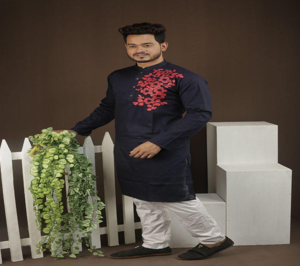Cotton Panjabi - Black with Red Flower Design