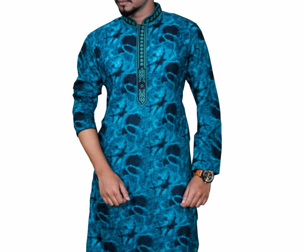 Blue Printed Cotton Panjabi For Men