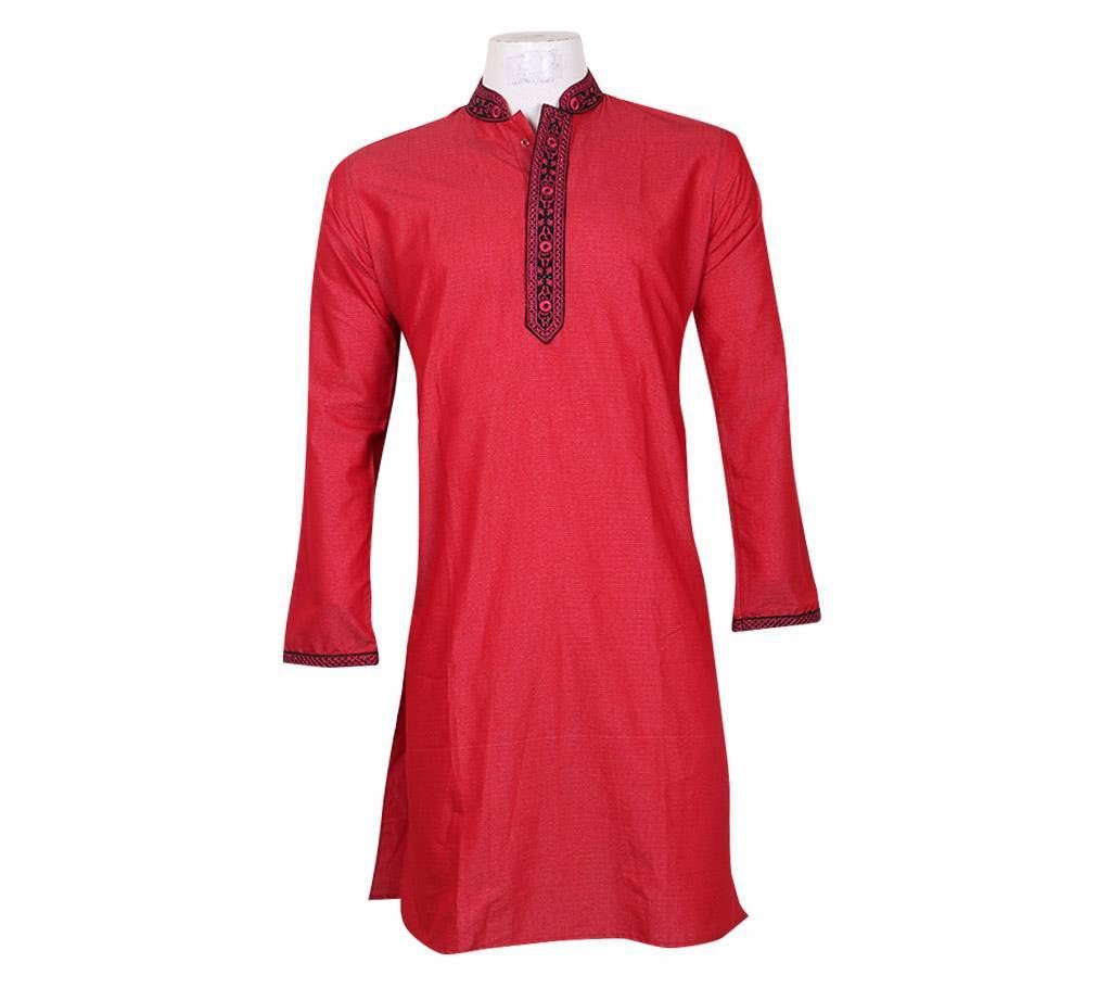 red gents mixed cotton semi long punjabi 