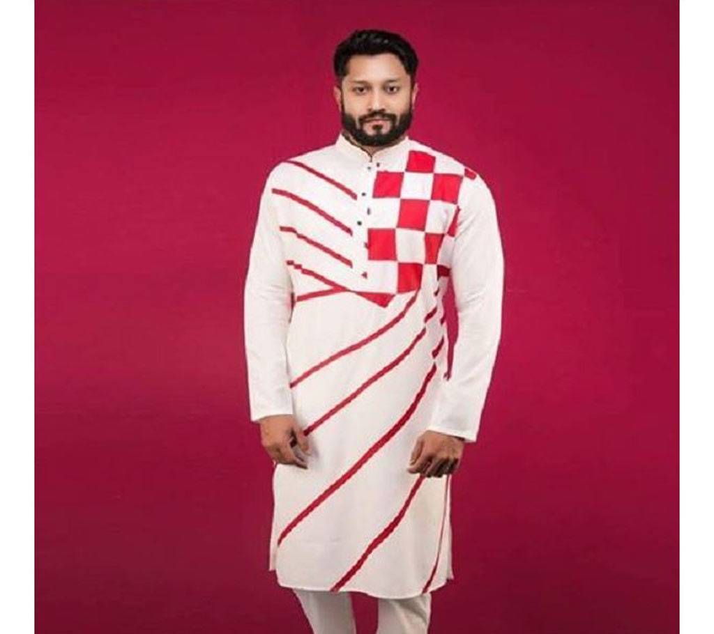 Off White with Red Box Design Cotton Panjabi  4
