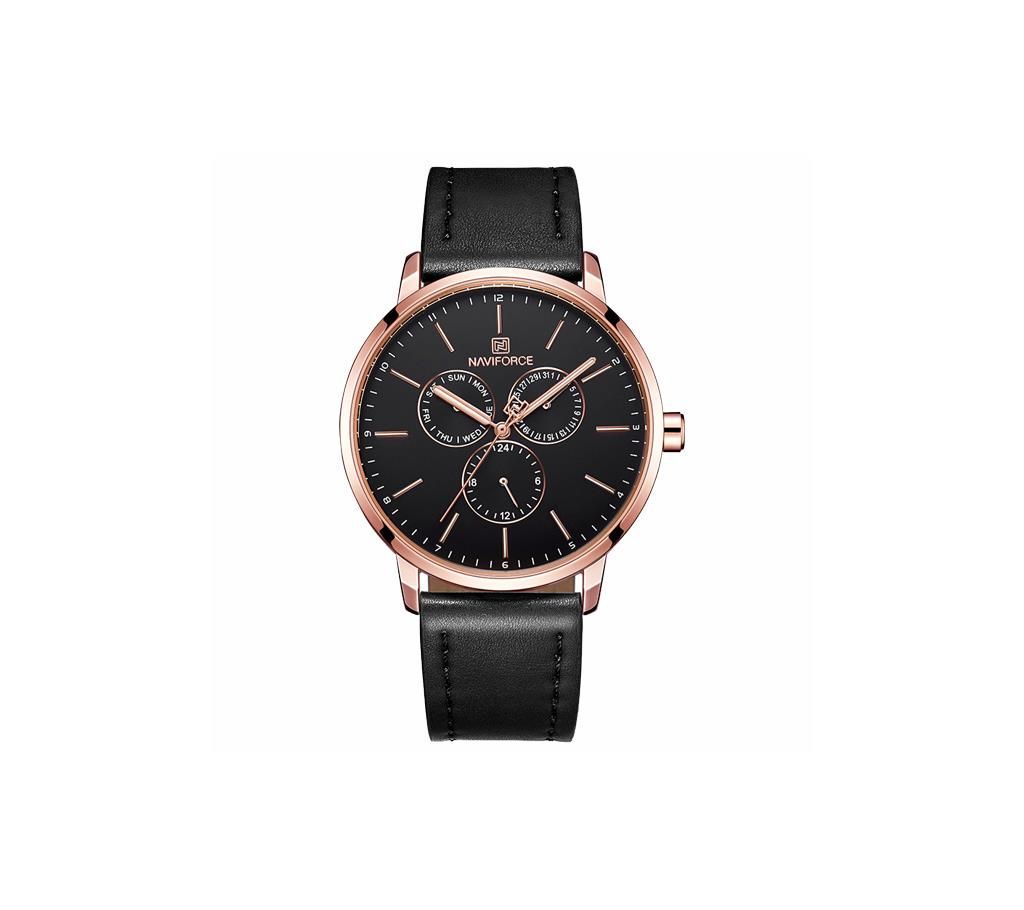 NAVIFORCE NF3001 Black PU Leather Chronograph Watch For Men - Black & RoseGold