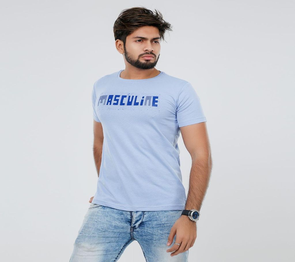 Masculine Sky Blue Black Solid T-shirt For men