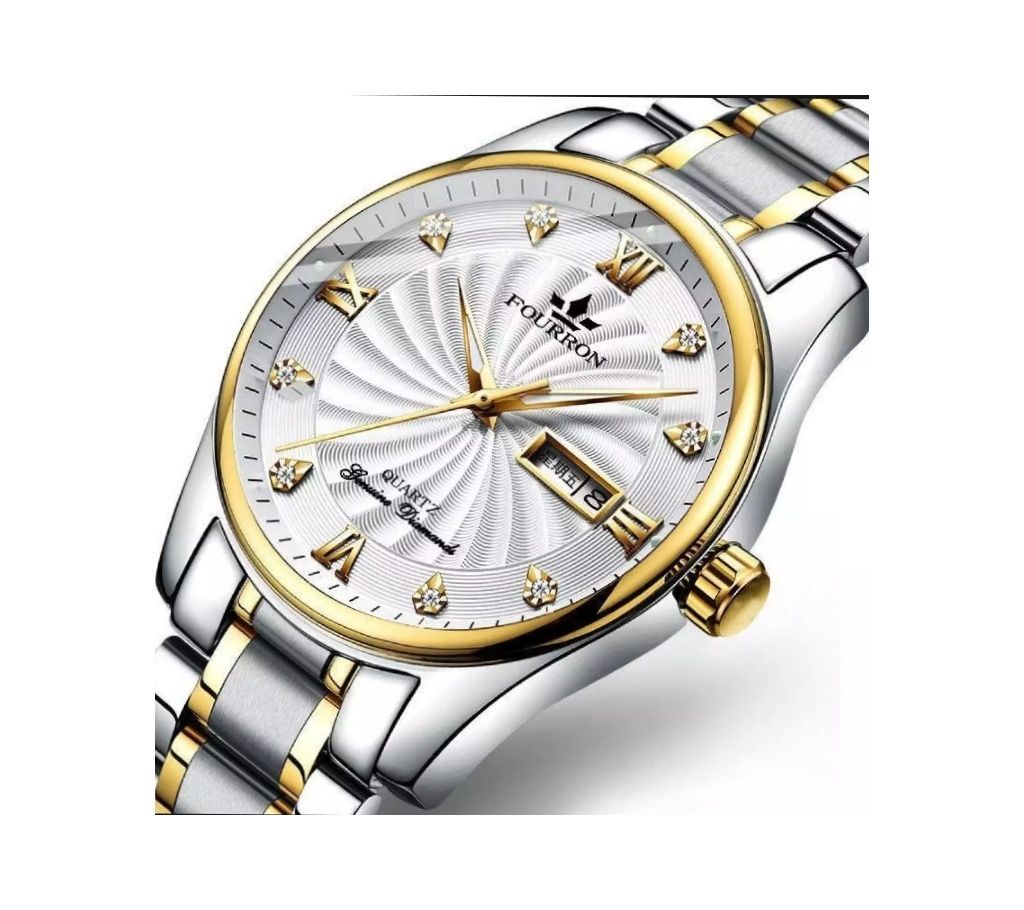 FOURRO Fashion Mens Waterproof Wristwatch Business Luminous Calendar Stainless Steel Strap Quartz Watch For Mens