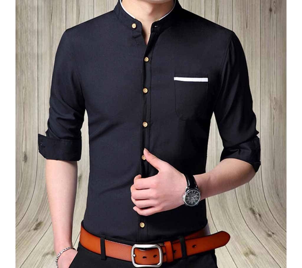 Black Cotton Casual Full Sleeve Shirt