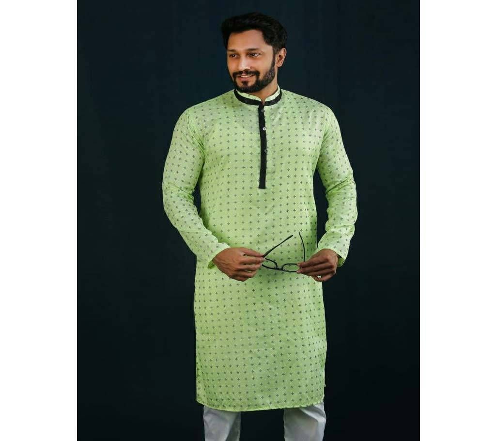 Mens Semi Long Panjabi  35  Lemon Green with Black Dot Design and Black Design in Neck