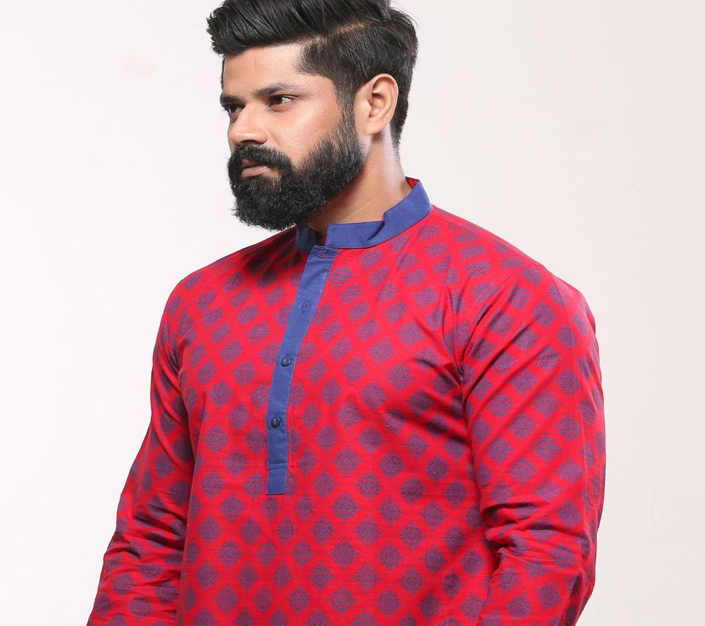 XS - Mens Cotton Punjabi - Red Blue Ethnic Print - MPL 45