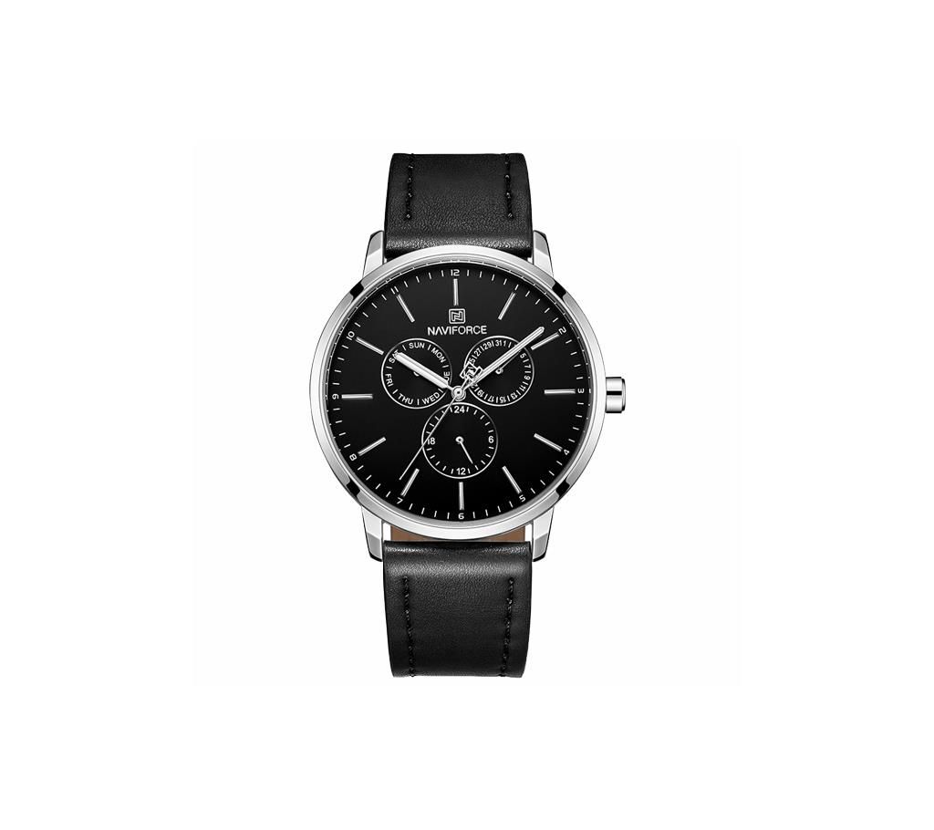NAVIFORCE NF3001 Black PU Leather Chronograph Watch For Men - Black & Silver