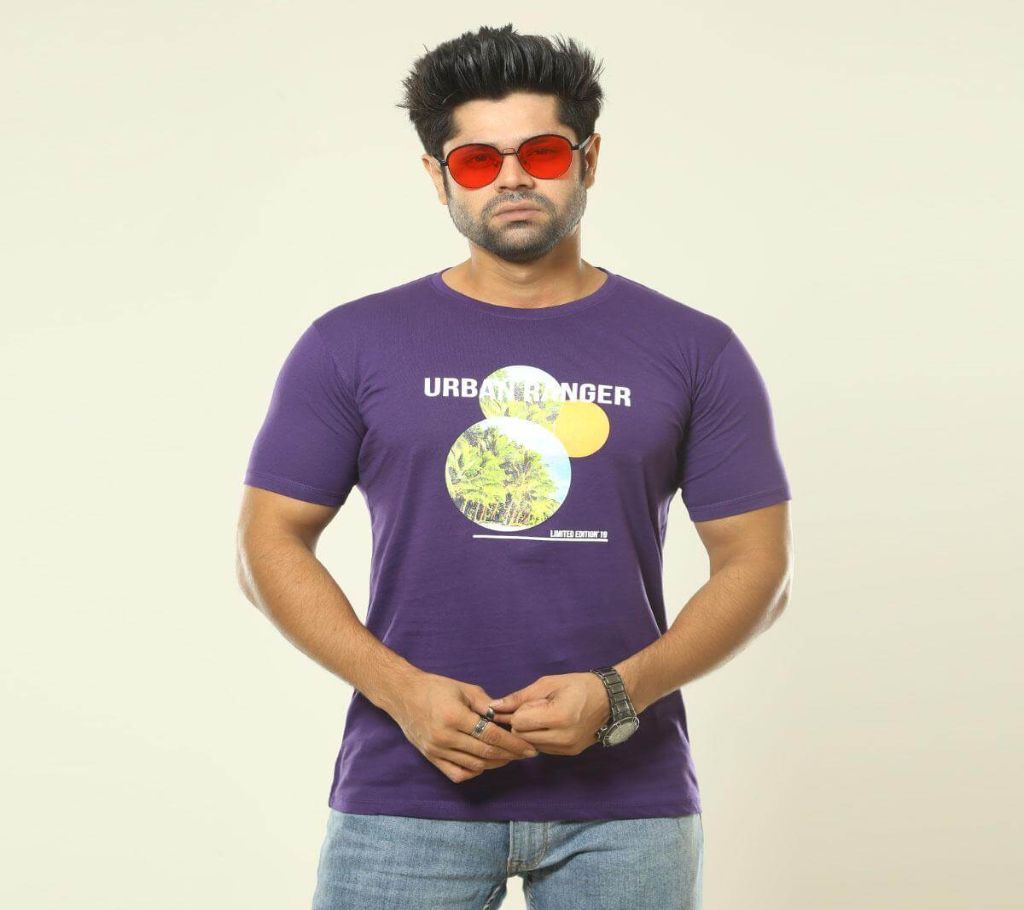 High Quality Printed Purple Cotton T-Shirt for Men