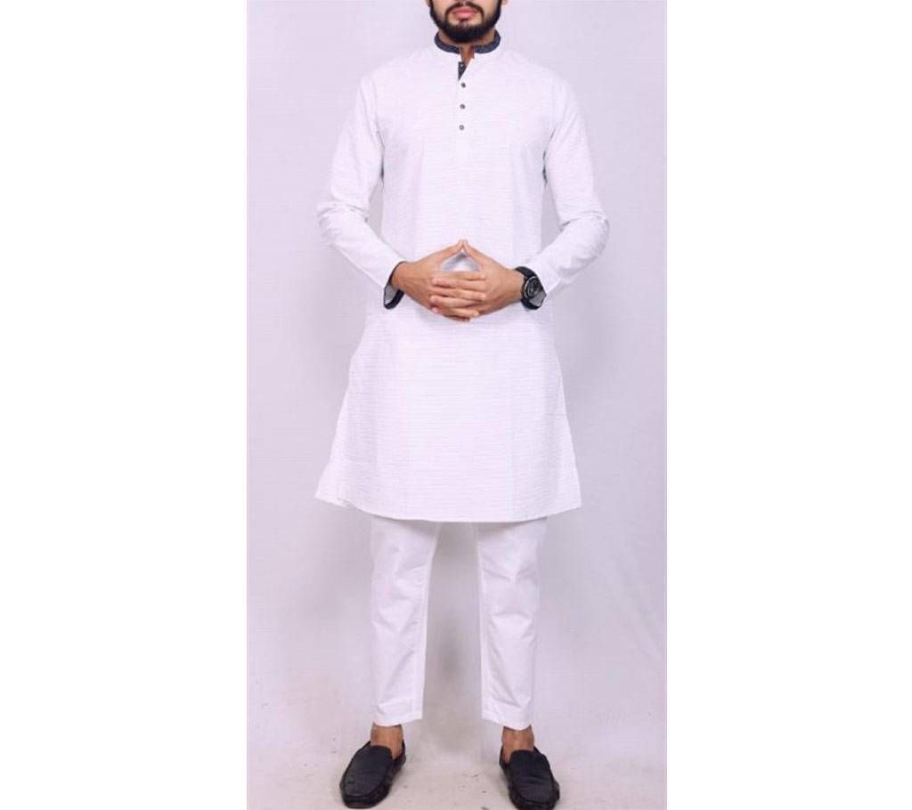 White Colored Black Striped Cotton Punjabi