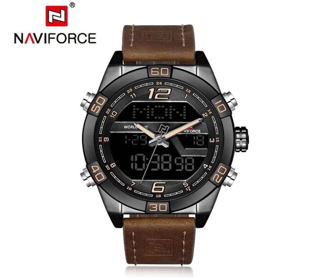 NAVIFORCE 9128 Genuine Leather Digital Dual Display Watch For Men -Naviforce watch