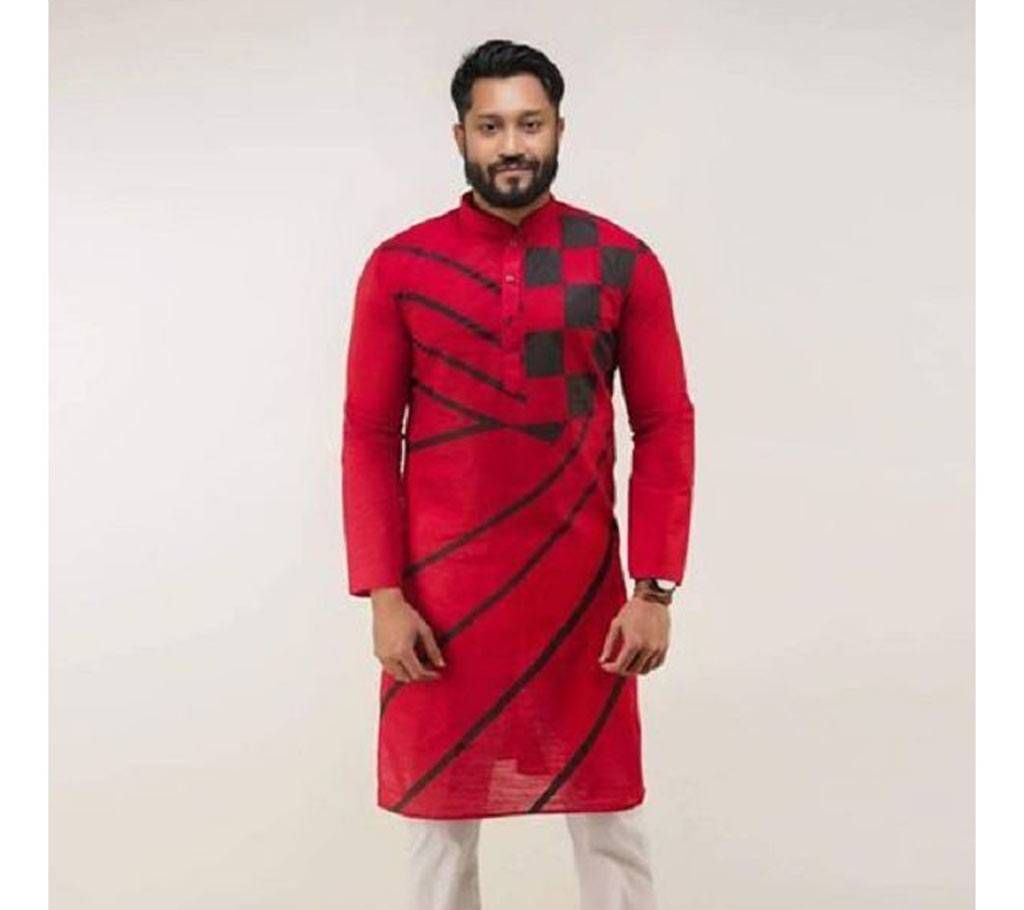 Maroon Red with Black Box Design Cotton Panjabi  3