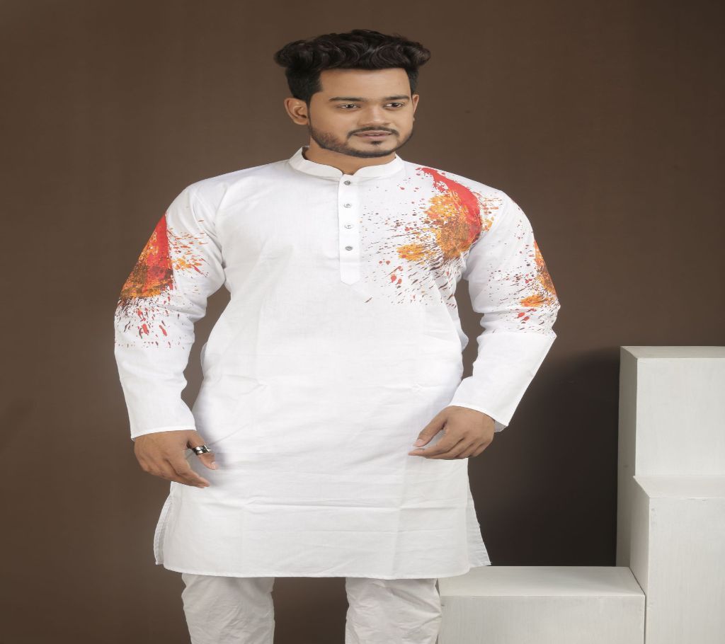 Cotton Panjabi - White with Multi Color with Multi Design