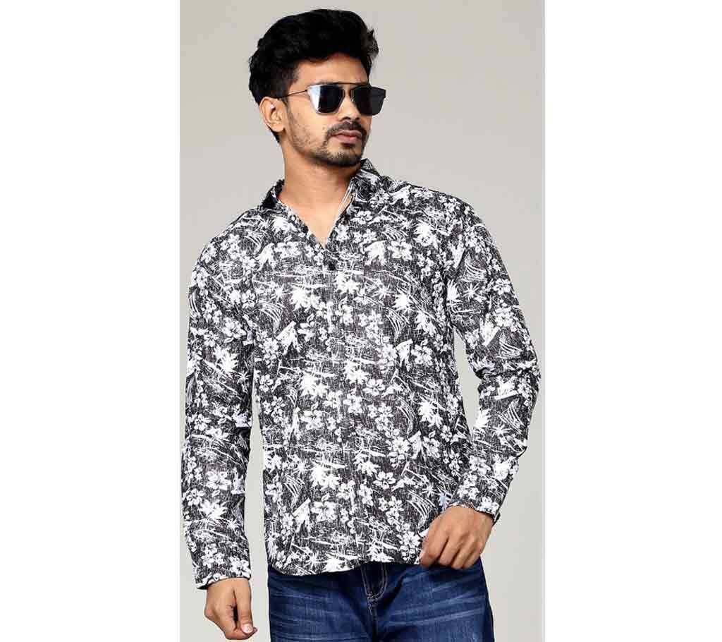Trendy DUDE Full Sleeve Cotton Shirt For Men - DCS_09 - Ash Black with White Flower Design
