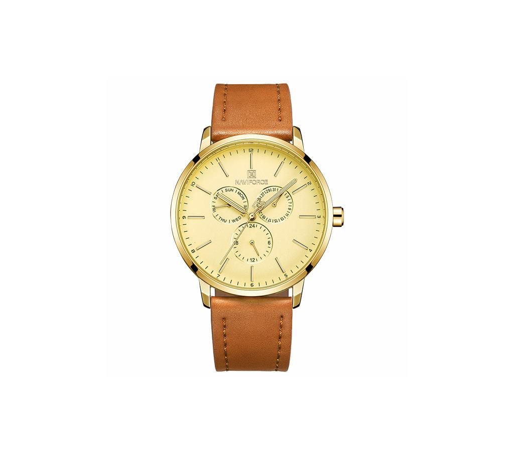 NAVIFORCE NF3001 Brown PU Leather Chronograph Watch For Men - Brown & Golden