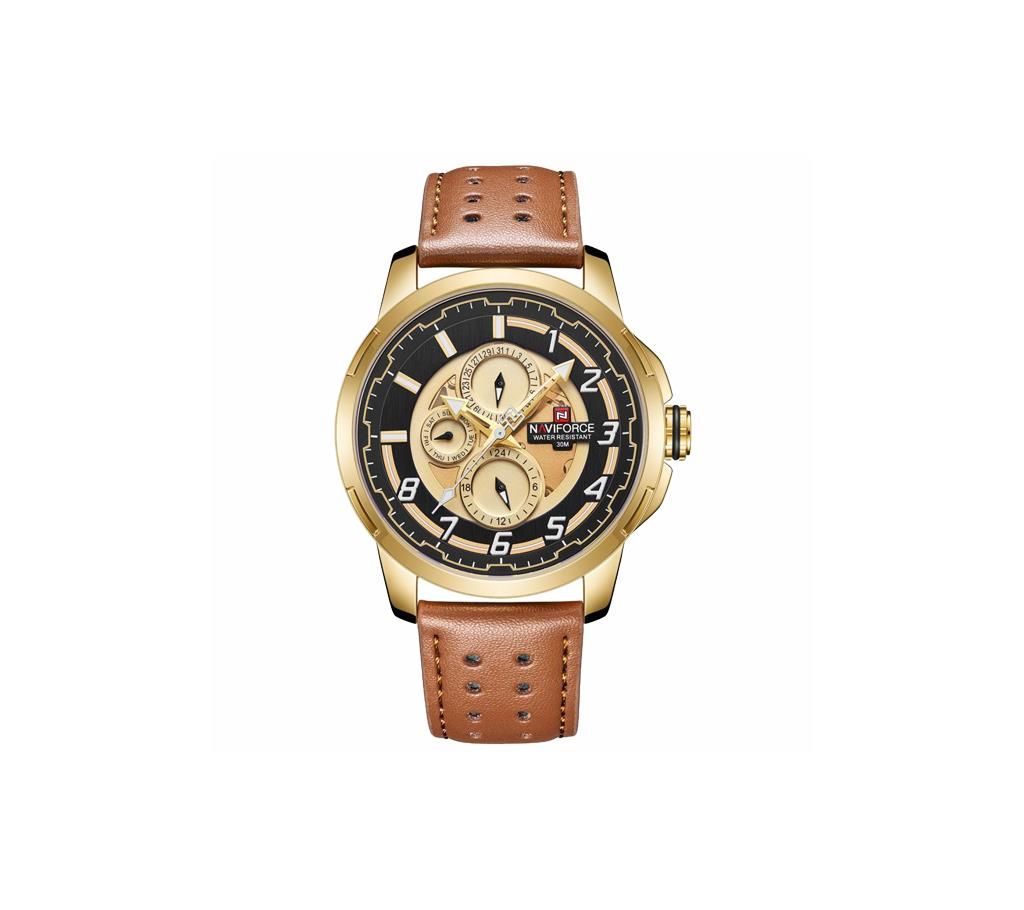 NAVIFORCE NF9142 Brown PU Leather Chronograph Watch For Men - Brown & Golden