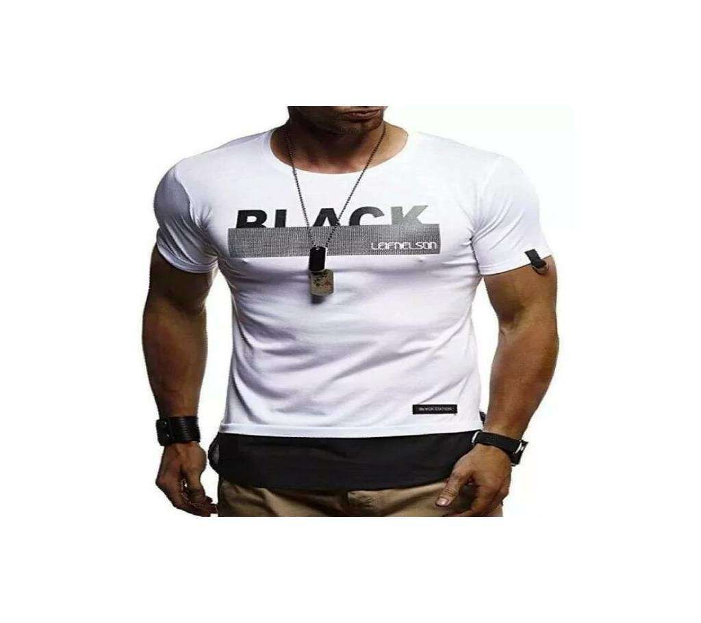 Black Titled Mens Half  sleeve  cotton T-shirt-White
