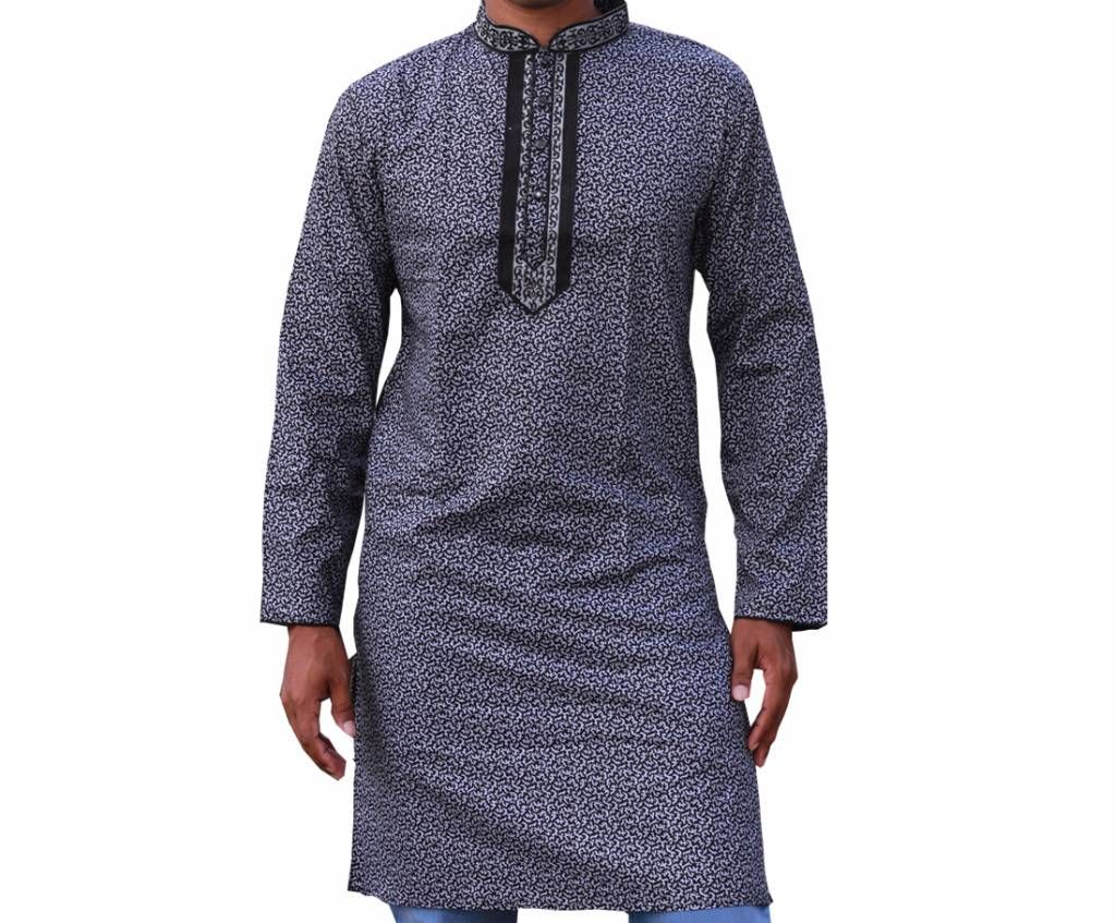 Black Printed Cotton Panjabi For Men