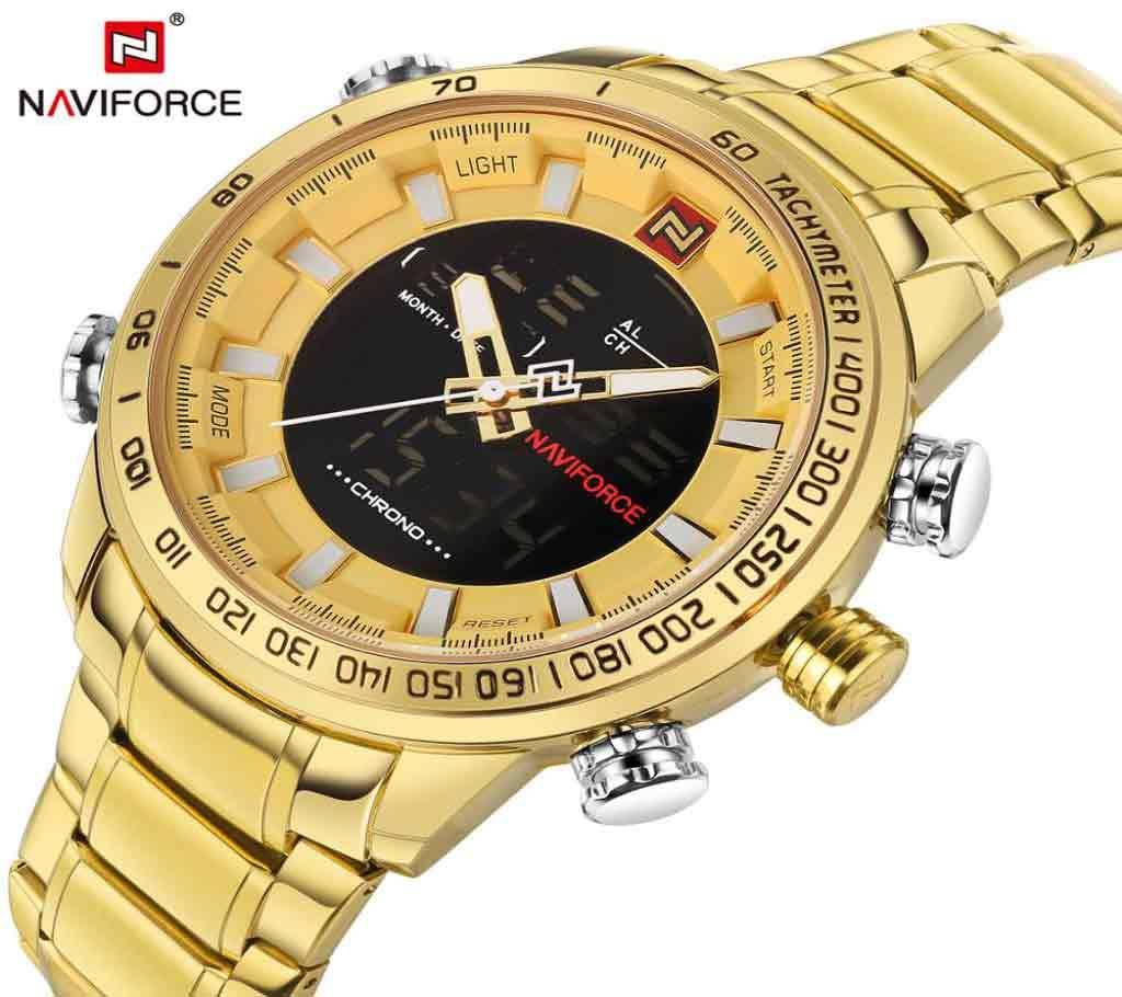NAVIFORCE NF9093 GOLDEN STAINLESS STEEL DUAL TIME WATCH FOR MEN