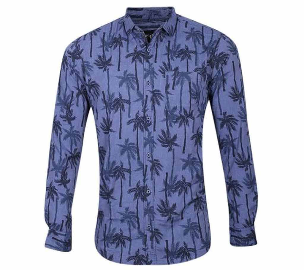 Blue Printed Cotton Long Sleeve Casual Shirt for Men