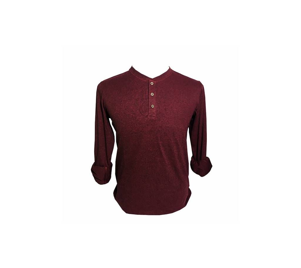 Long Sleeve Solid Maroon Color Curved T-Shirt