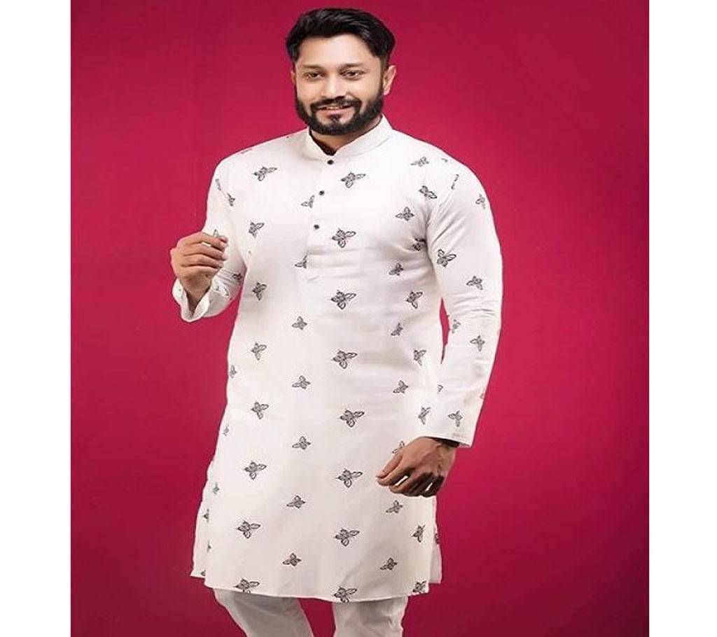 Off White with Black Butterfly Print Design Cotton Design Panjabi