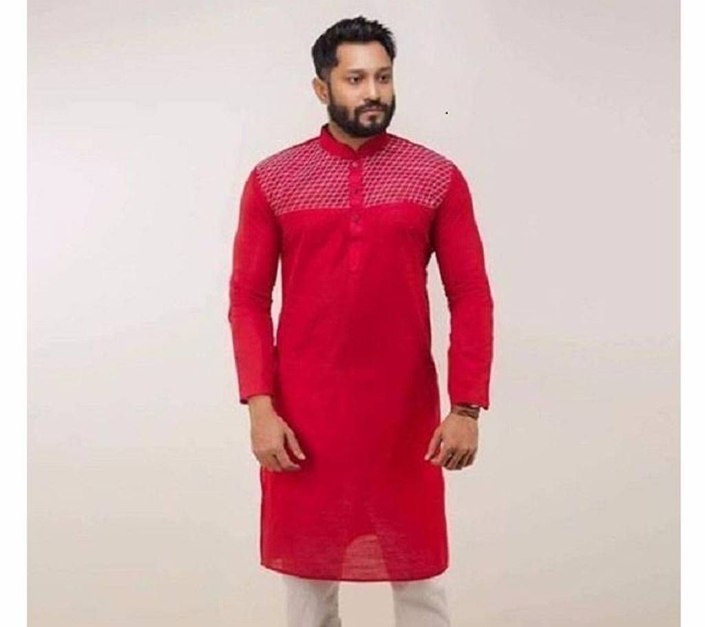Maroon Red with White Net Design Cotton Panjabi