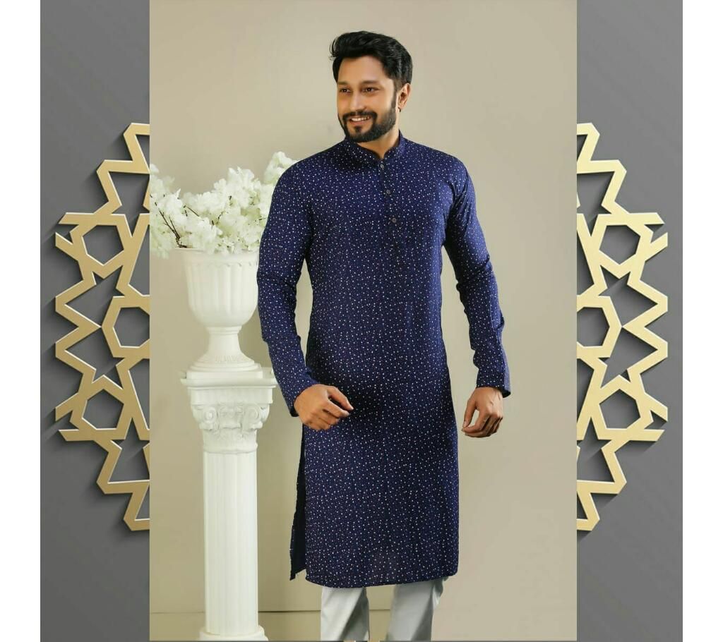 Men's Semi Long Panjabi  Navy Blue with Dot Design