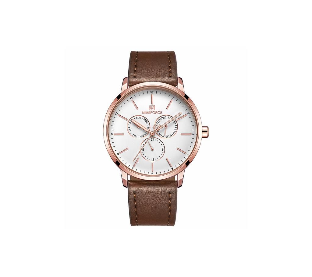 NAVIFORCE NF3001 Dark Brown PU Leather Chronograph Watch For Men - Dark Brown & RoseGold
