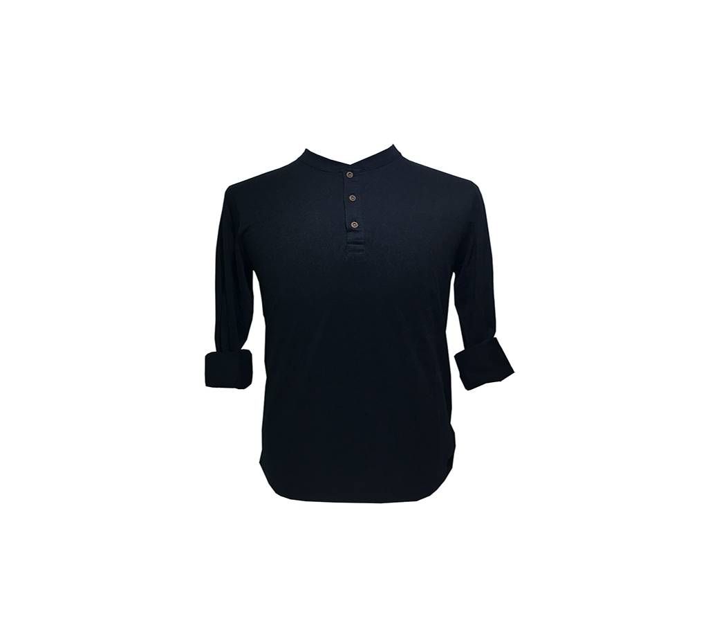 Long Sleeve Solid Black Color Curved T-Shirt