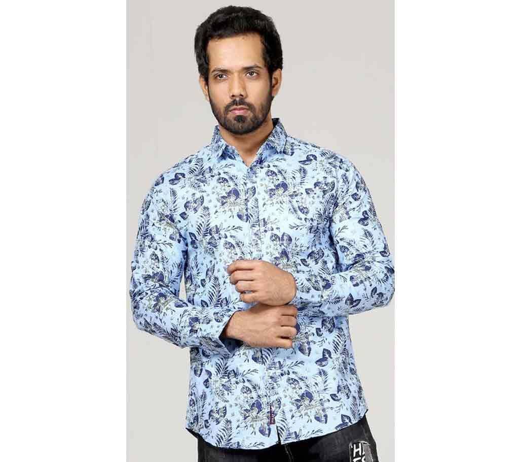 Trendy DUDE Full Sleeve Cotton Shirt For Men - DCS_08 - Powder Blue with Tree Leaf Design