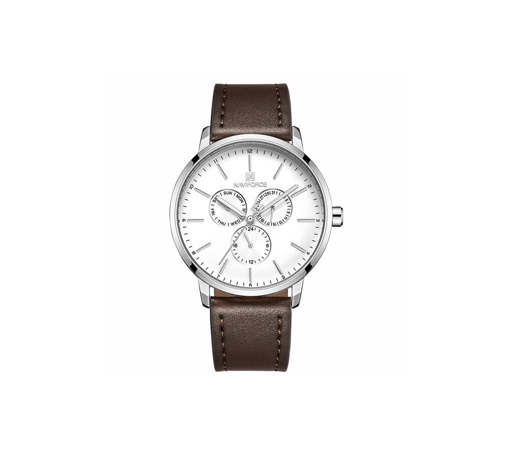NAVIFORCE NF3001 Dark Brown PU Leather Chronograph Watch For Men - Dark Brown & Silver
