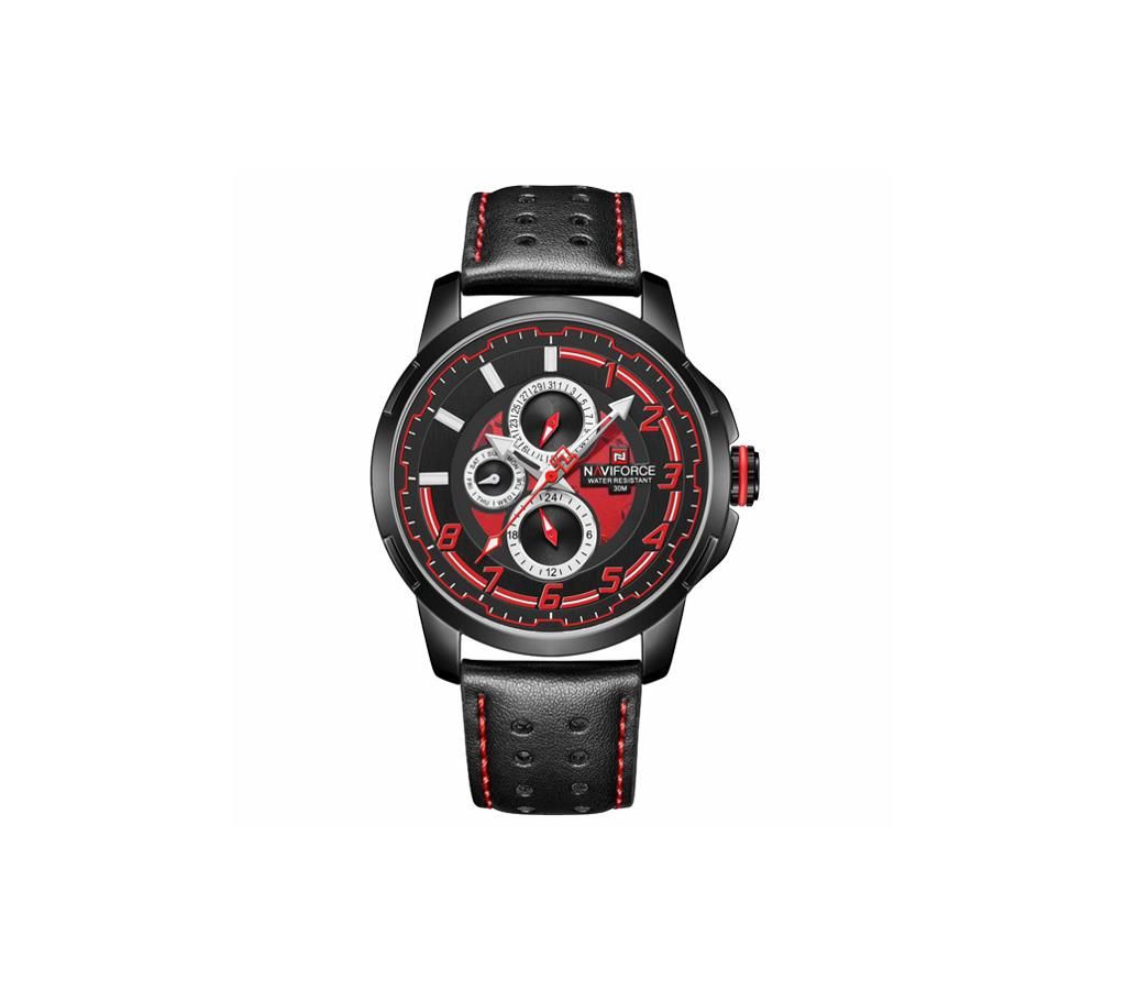 NAVIFORCE NF9142 Black PU Leather Chronograph Watch For Men - Black & Red