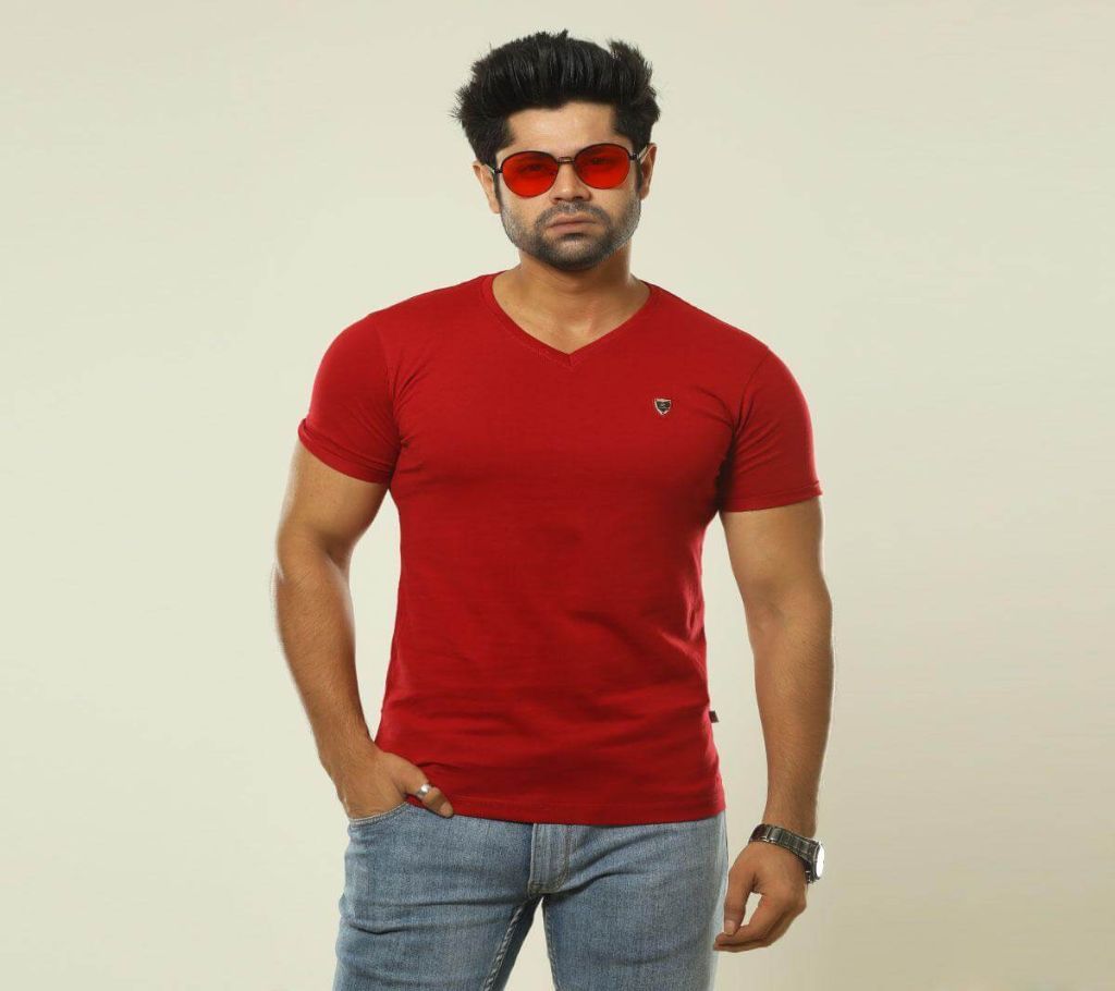 High Quality V Neck Red Cotton T-Shirt for Men