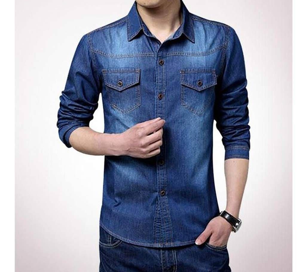 Navy Blue Denim Long Sleeve Casual Shirt for Men - UPF