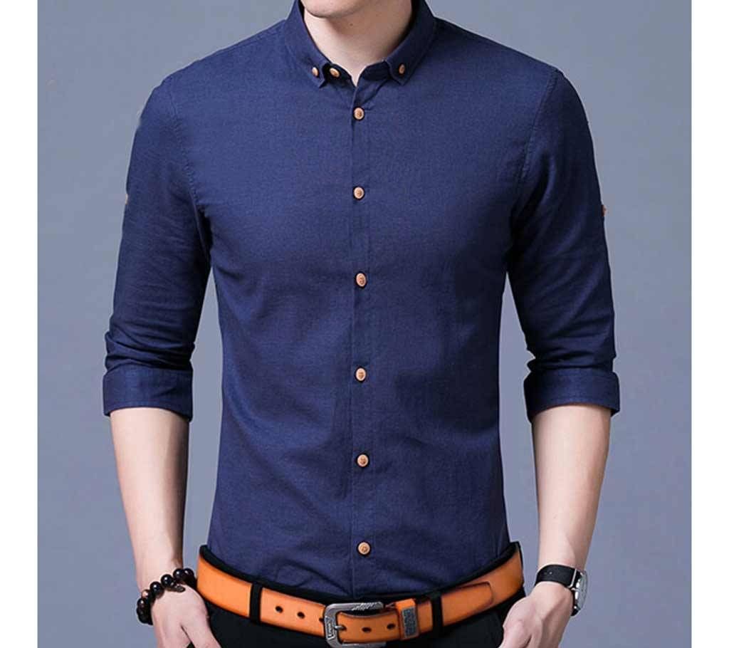 Navy Blue Cotton Casual Full Sleeve Shirt