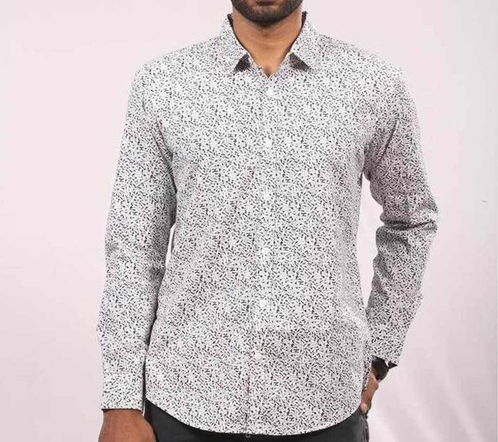 White and Black Cotton Long Sleeve Casual Shirt for Men