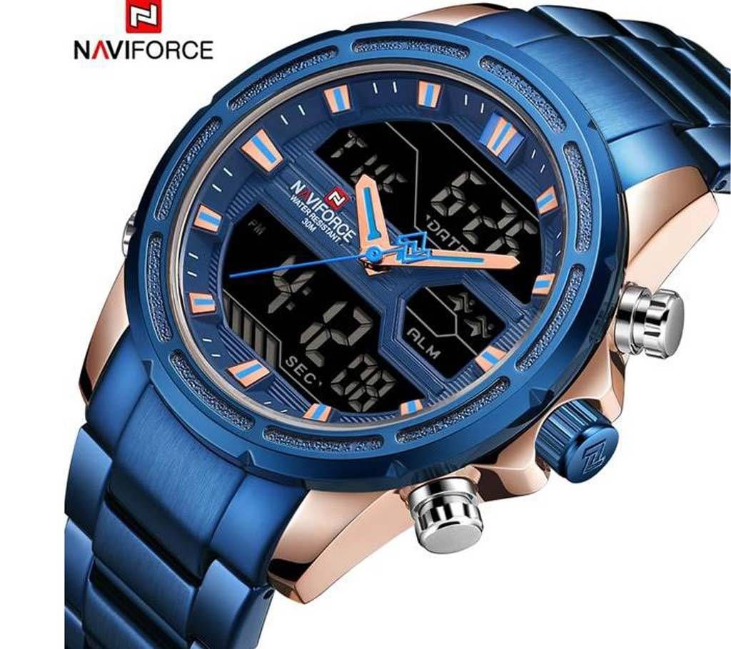 NAVIFORCE NF9138 STAINLESS STEEL DUAL TIME WRIST WATCH FOR MEN - BLUE & ROSE GOLD
