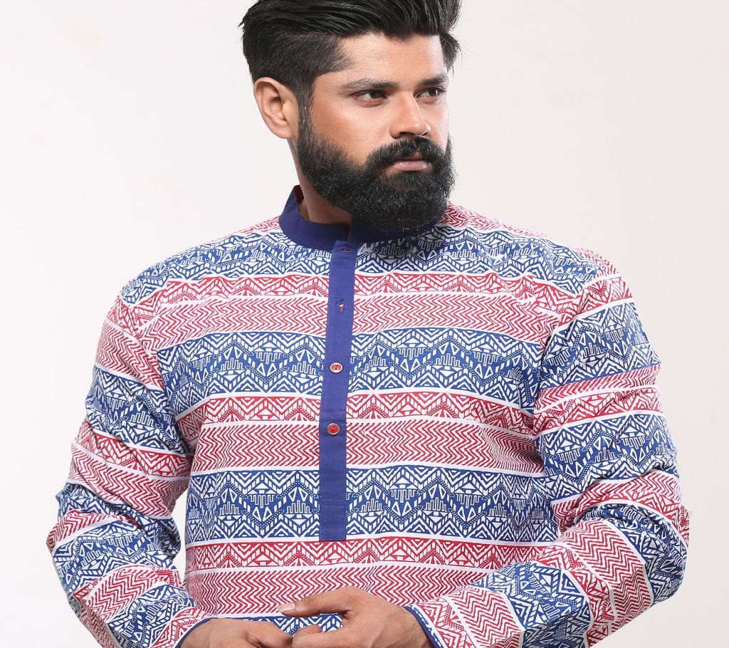 Mens Cotton Punjabi - Red Blue Print - MPL 41