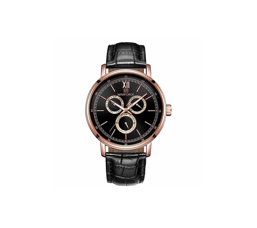 NAVIFORCE NF3002 Black PU Leather Chronograph Watch For Men - Black & RoseGold